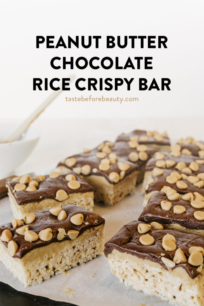 taste before beauty peanut butter chocolate rice crispys on parchment paper