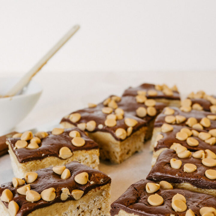 taste before beauty peanut butter chocolate rice crispys on parchment paper