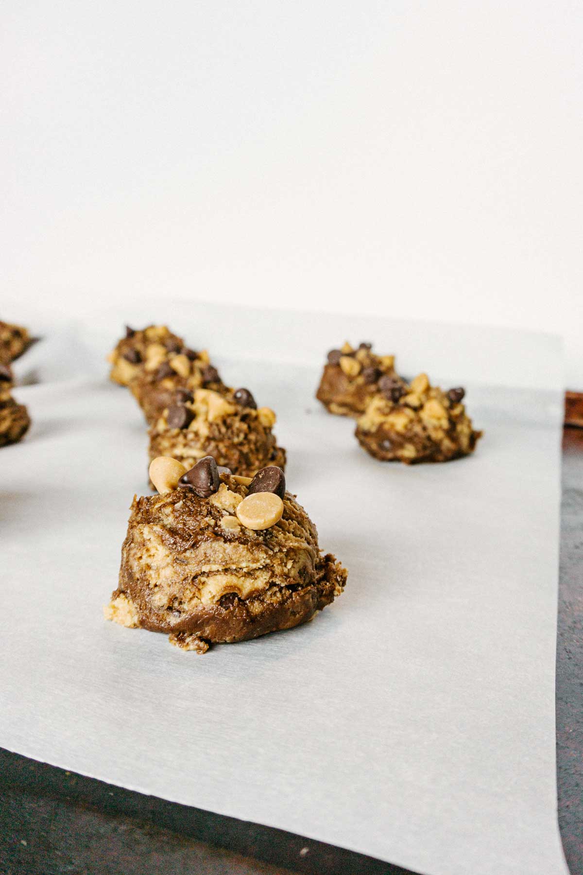 pennsylvania tango peanut butter choocolate cookie dough on cookie sheet pan and parchment paper