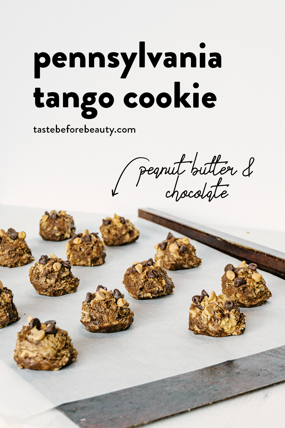 pennsylvania tango peanut butter cookie dough balls on a cookie sheet pan with parchment paper pinterest pin