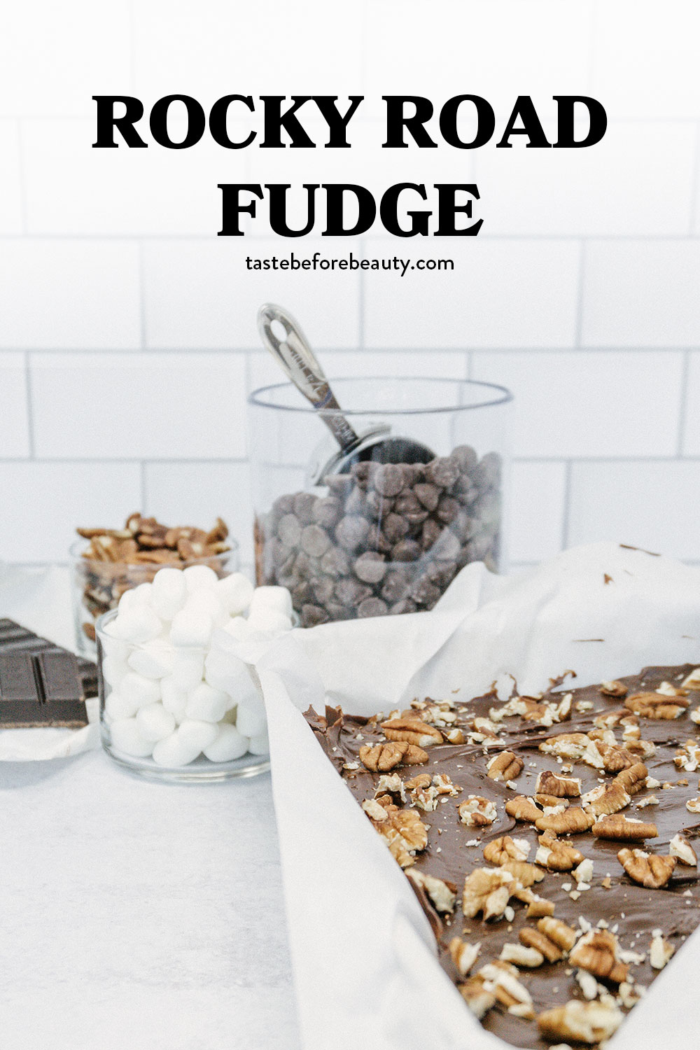 taste before beauty chocolate rocky road fudge in the pan with ingredients pinterest pin