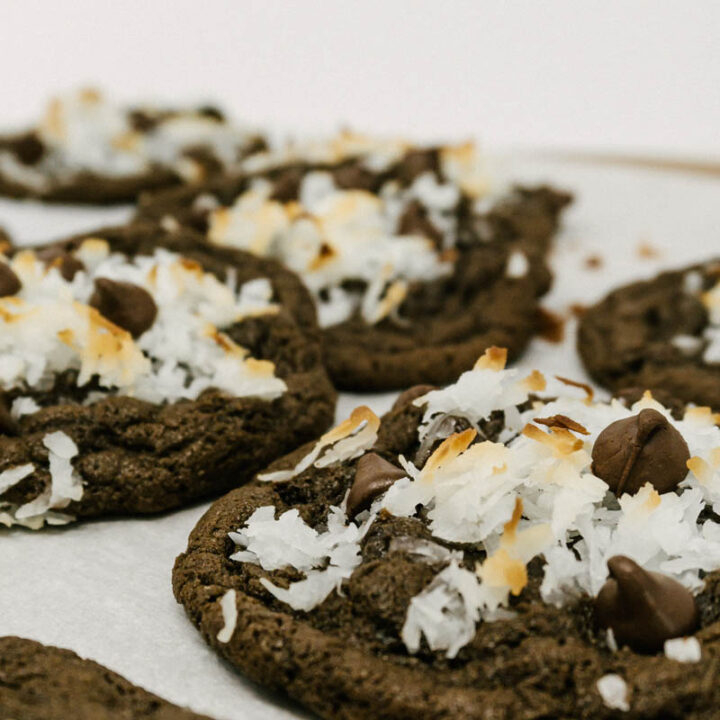 chocolate coconut cookies on parchment paper