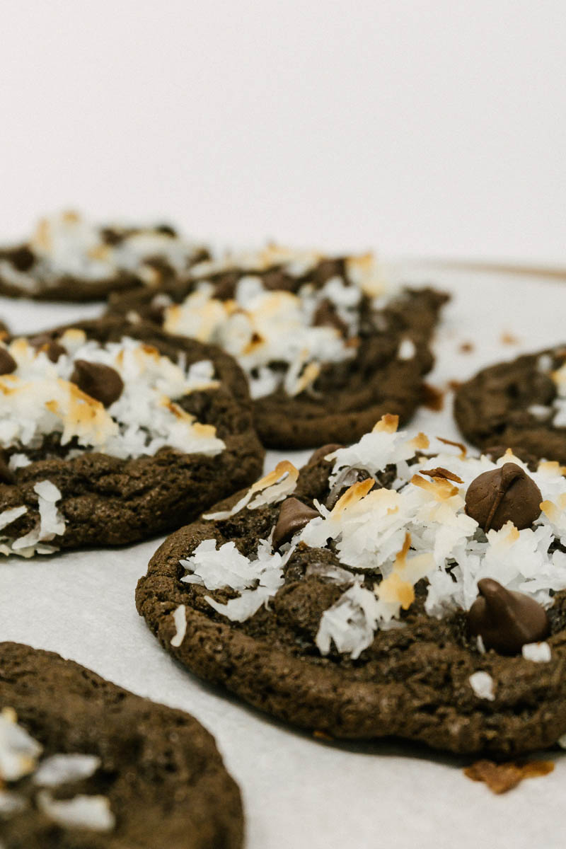 chocolate coconut cookies on parchment paper