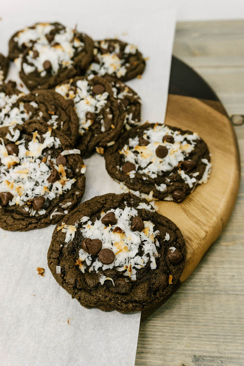 chocolate coconut cookies on cutting board