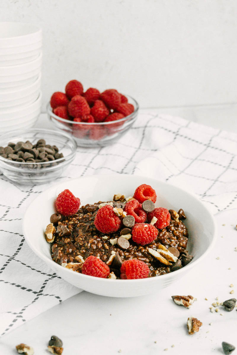 taste before beauty chocolate steel cut oats with chocolate chips and raspberries