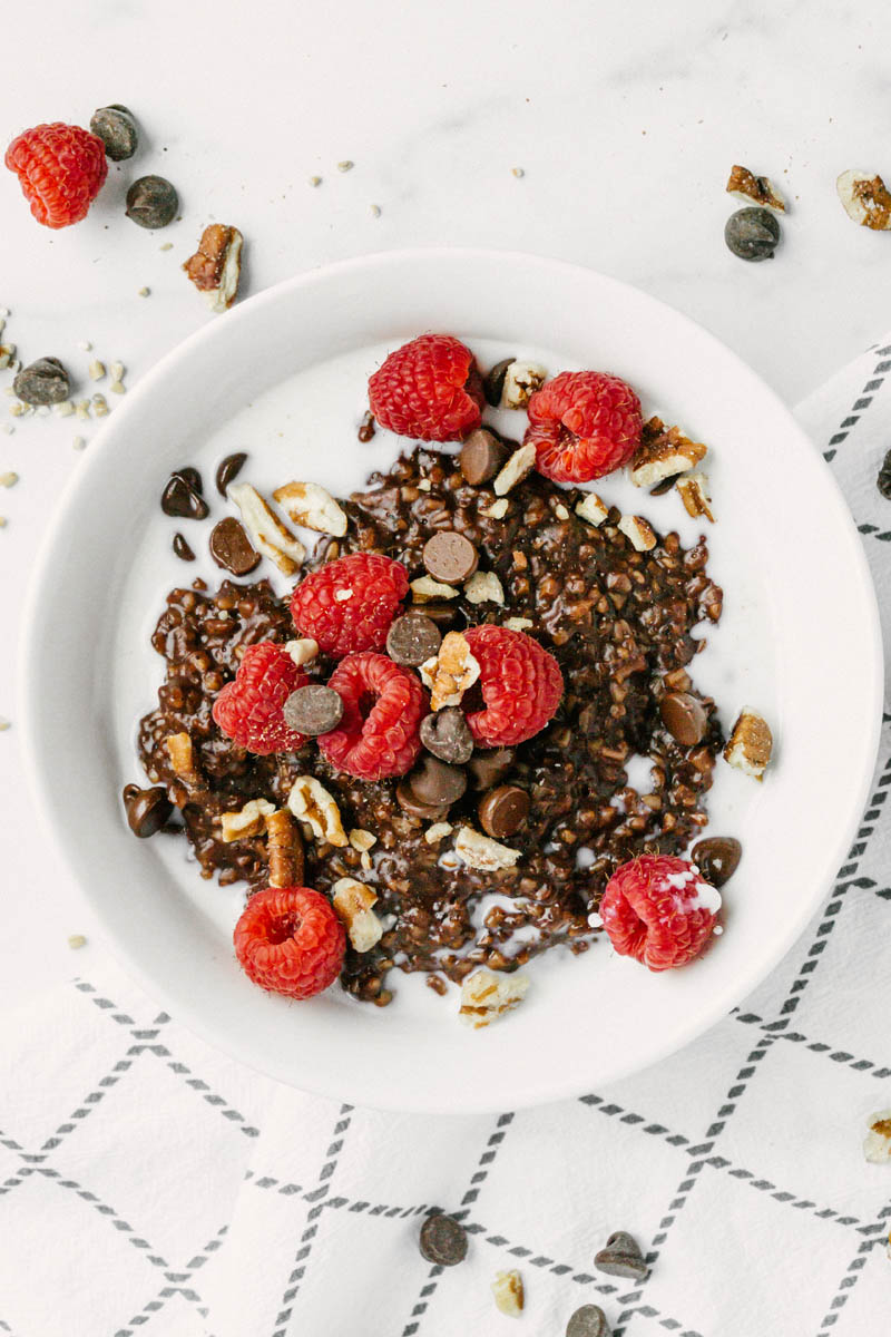 taste before beauty chocolate steel cut oats in bowl with chocolate chips and raspberries