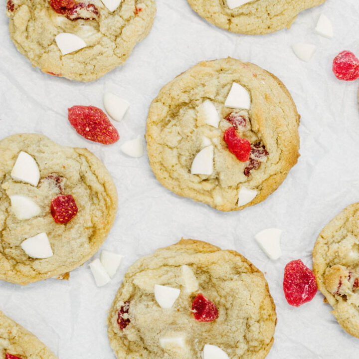 taste before beauty strawberry white chocolate cookies on parchment paper