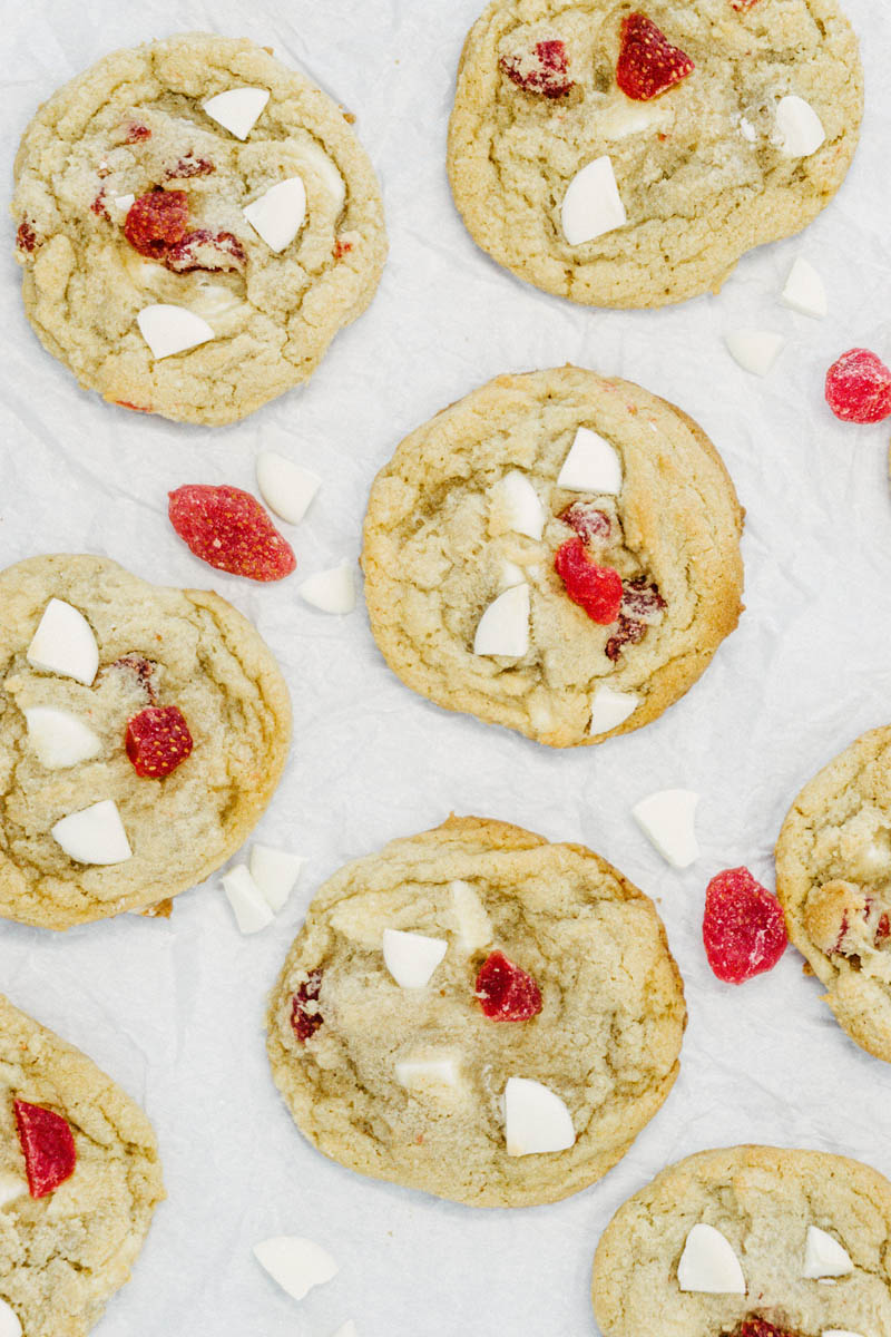 taste before beauty strawberry white chocolate cookies on parchment paper