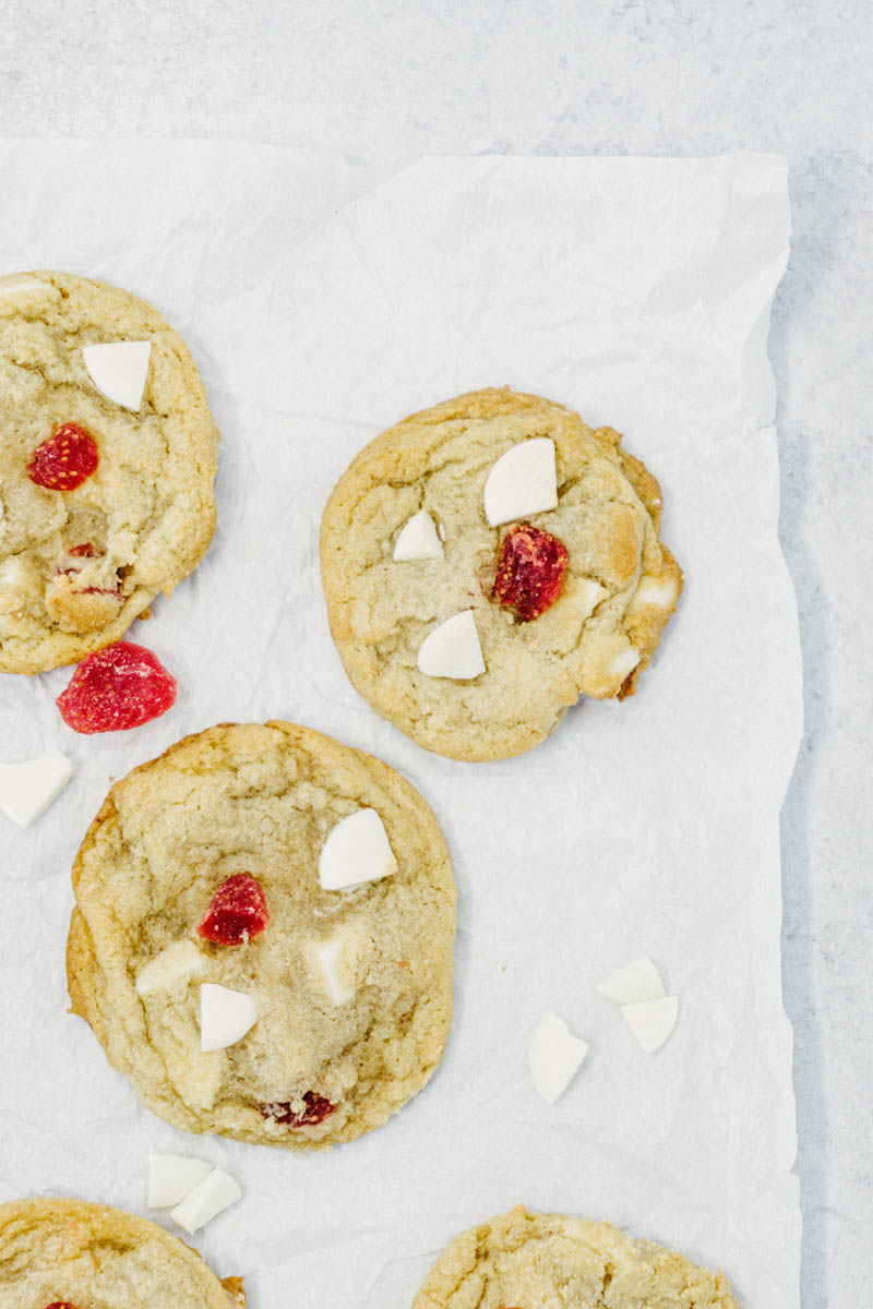 taste before beauty strawberry white chocolate cookies on crumpled parchment apper
