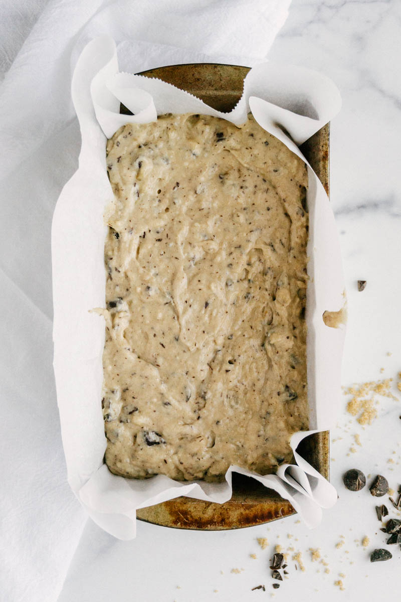 taste before beauty healthy chocolate chip banana bread dough in pan