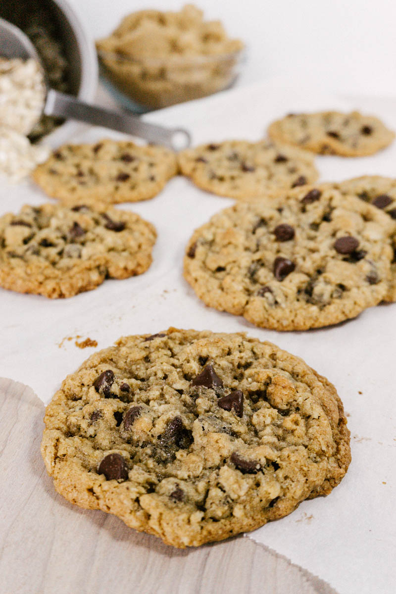 taste before beauty oatmeal chocolate chip cookie on parchment paper