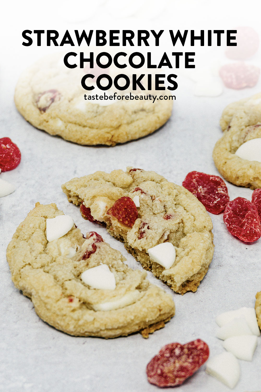 taste before beauty strawberry white chocolate cookies split open on table pinterest pin