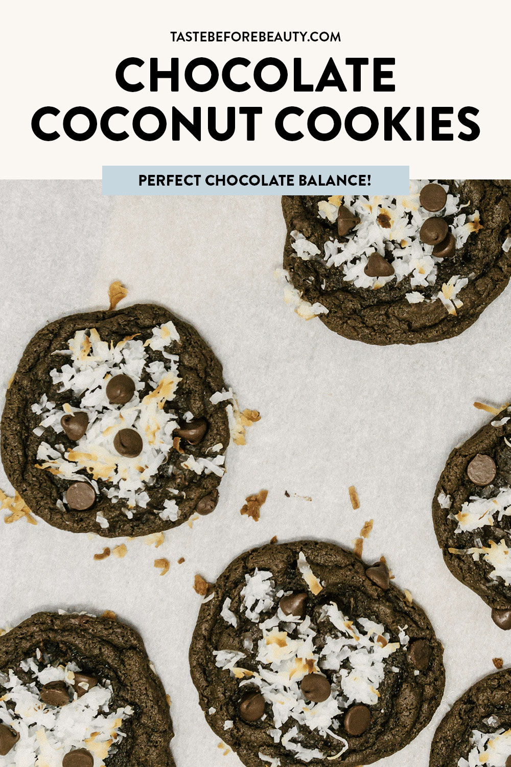 chocolate coconut cookies layed out on parchment paper pinterest pin
