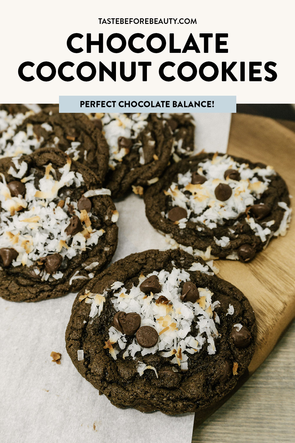 chocolate coconut cookies on cutting board pinterest pin