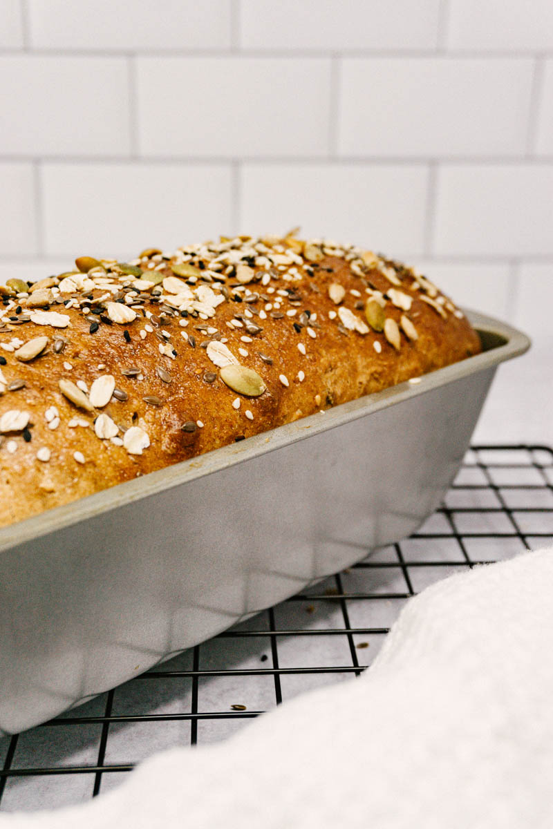 taste before beauty wheat oat seed bread in pan on table