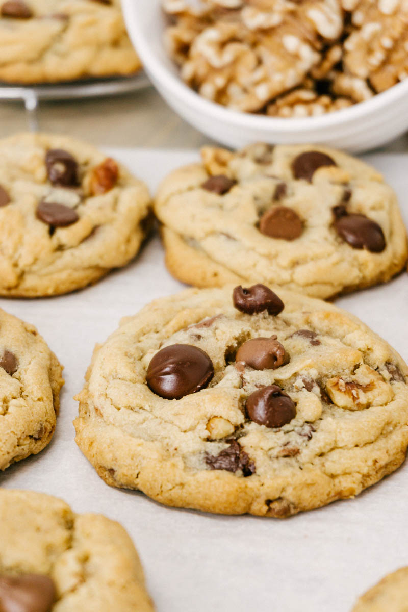 taste before beauty triple chocolate chip walnut cookies on baking sheet