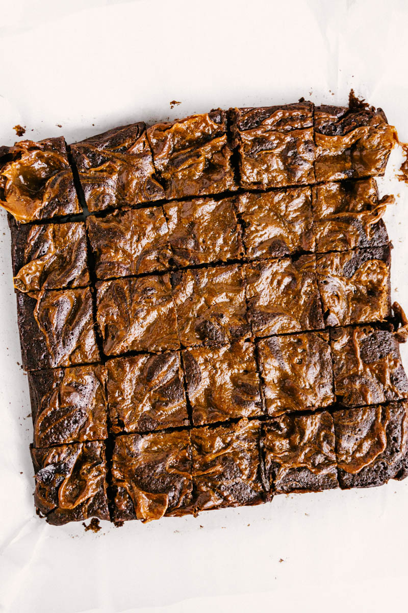 dulce de leche brownies cut into squares on table