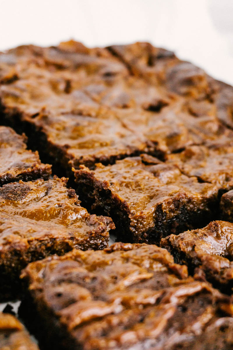 dulce de leche brownies together on table