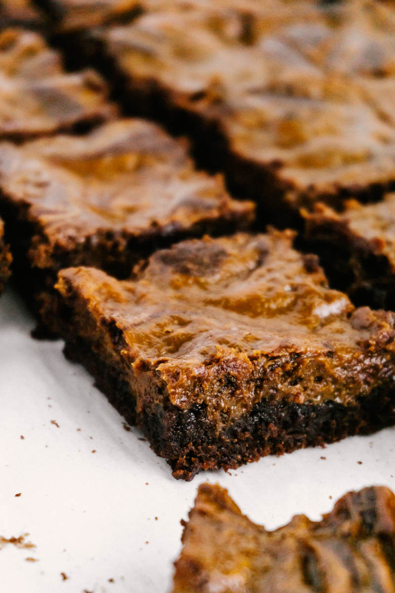 dulce de leche brownies cut in squares on table