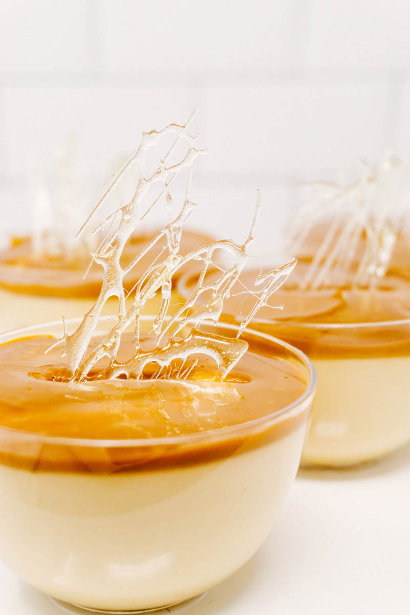 dulce de leche mousse with sugar decoration in glass