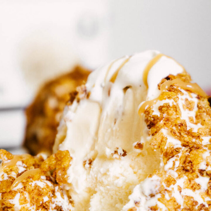 easy fried ice cream balls with cinnamon crunchy coating opened up