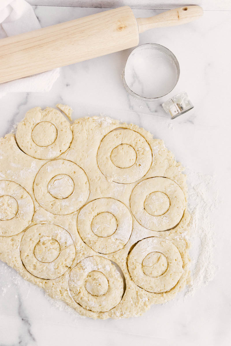 lemon greek yogurt cake donuts cut out on counter