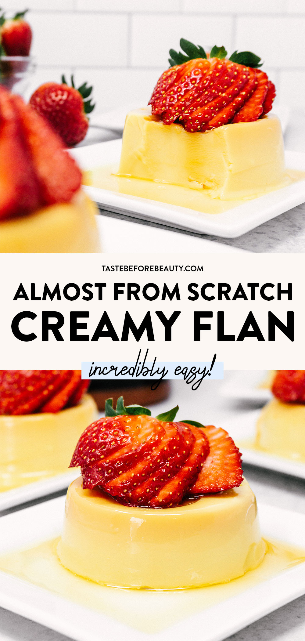 creamy flan with strawberries pinterest pin