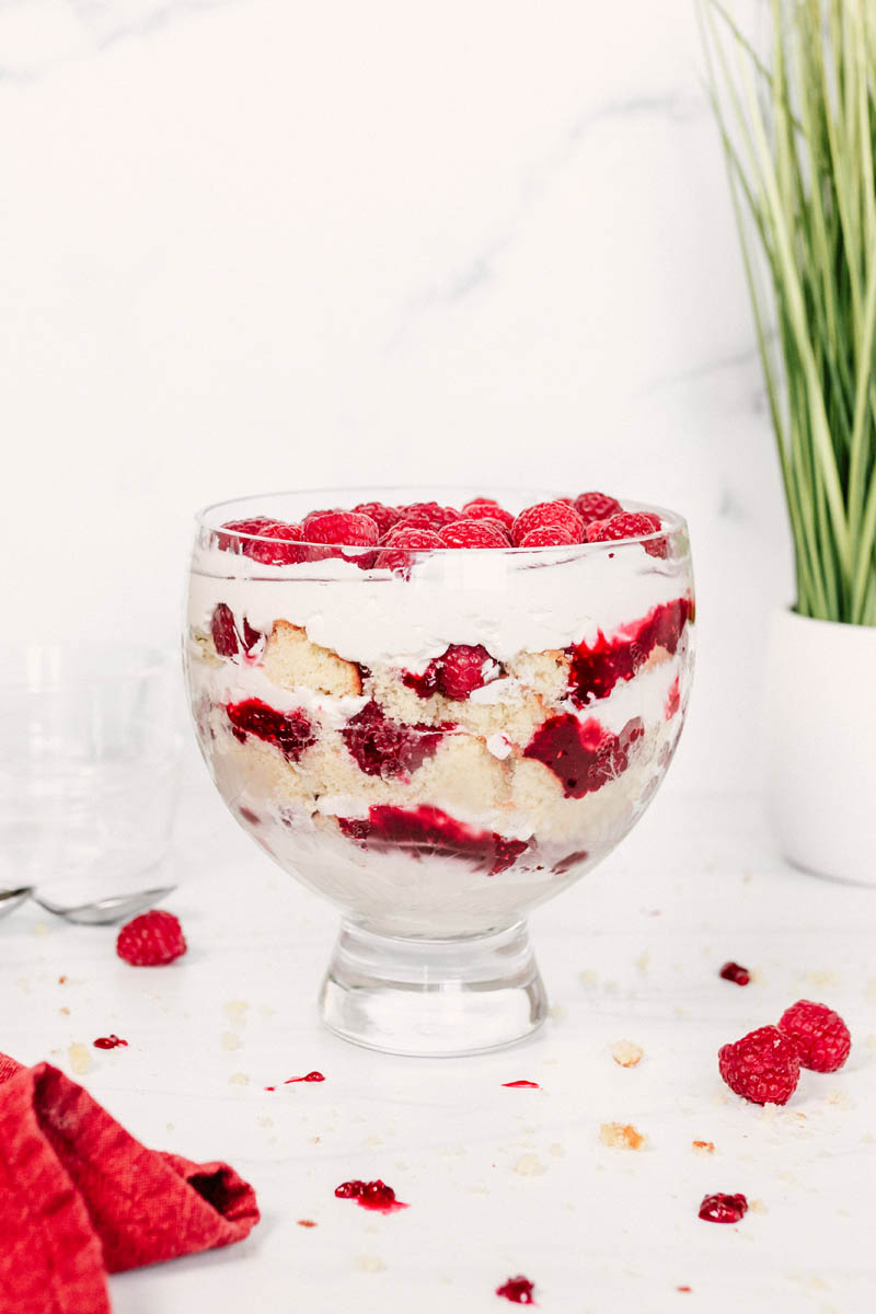 raspberry trifle in a glass dish