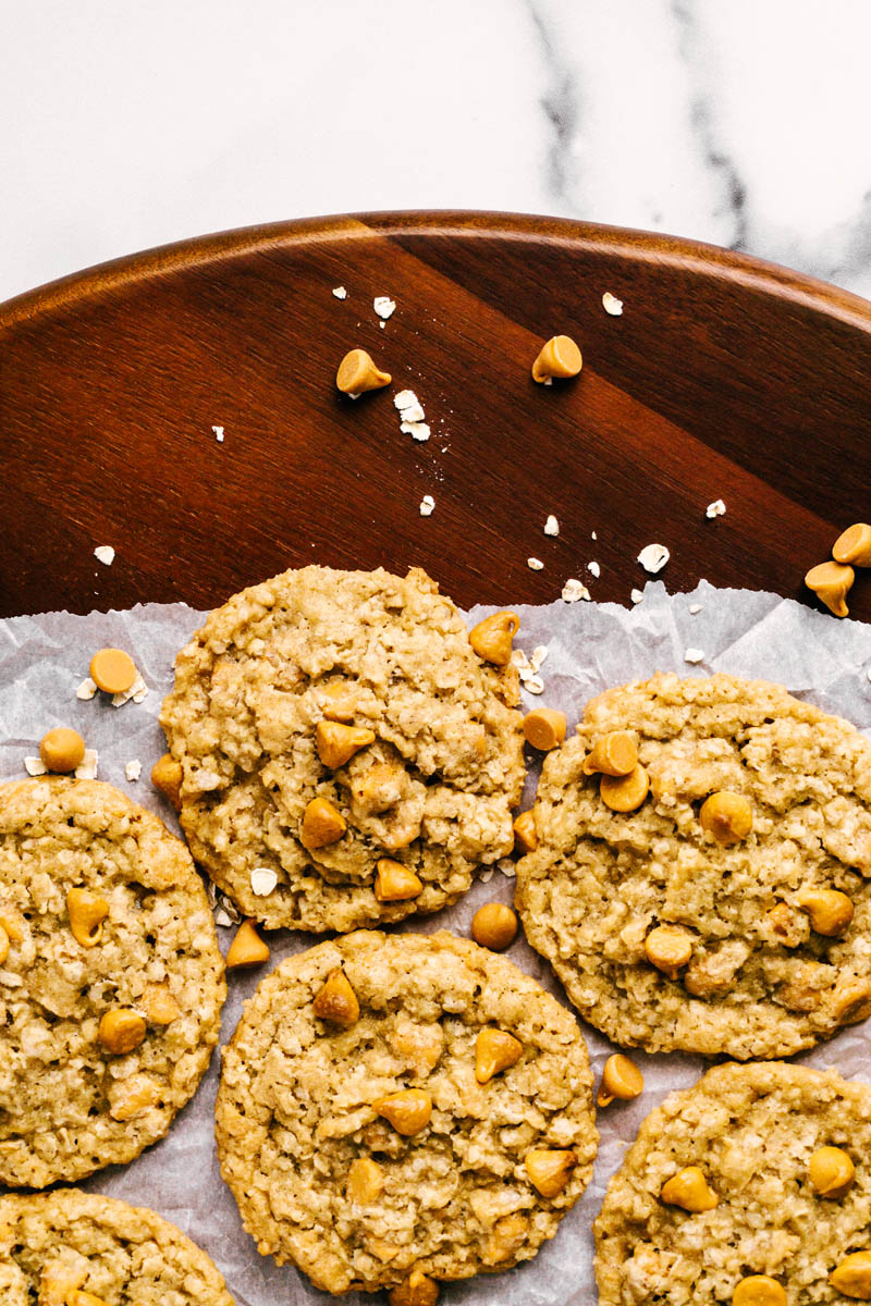 butterscotch oatmeal cookies on wood platter