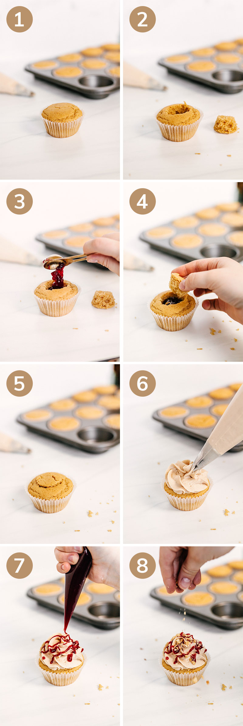 peanut butter and jelly cupcakes assembly