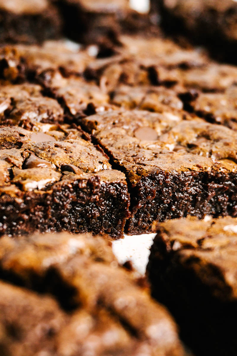 purely chocolate brownies on table