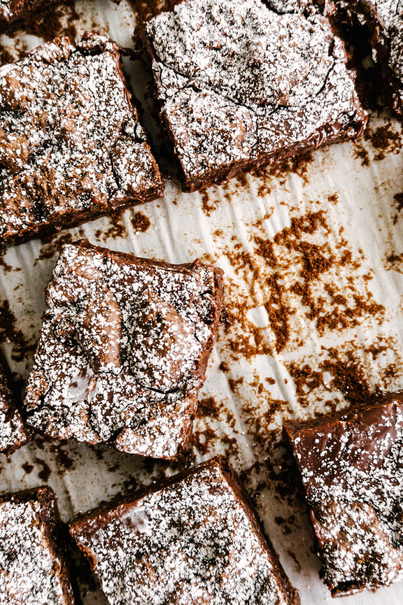 chocolate lava cake bar squares on parchment paper