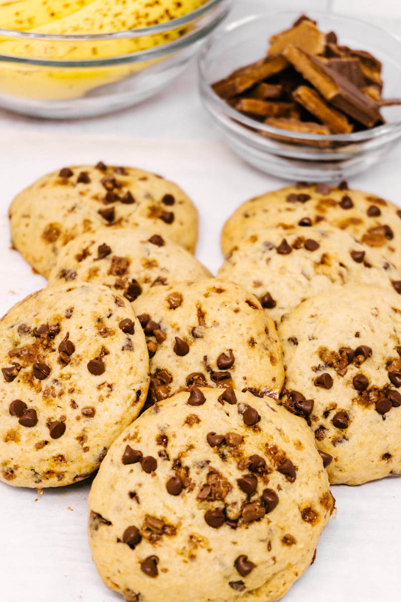 piled up banana toffee chocolate chip cookies
