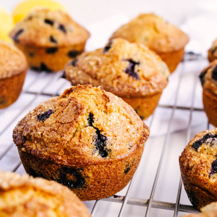 close up of lemon blueberry muffins on wire rack