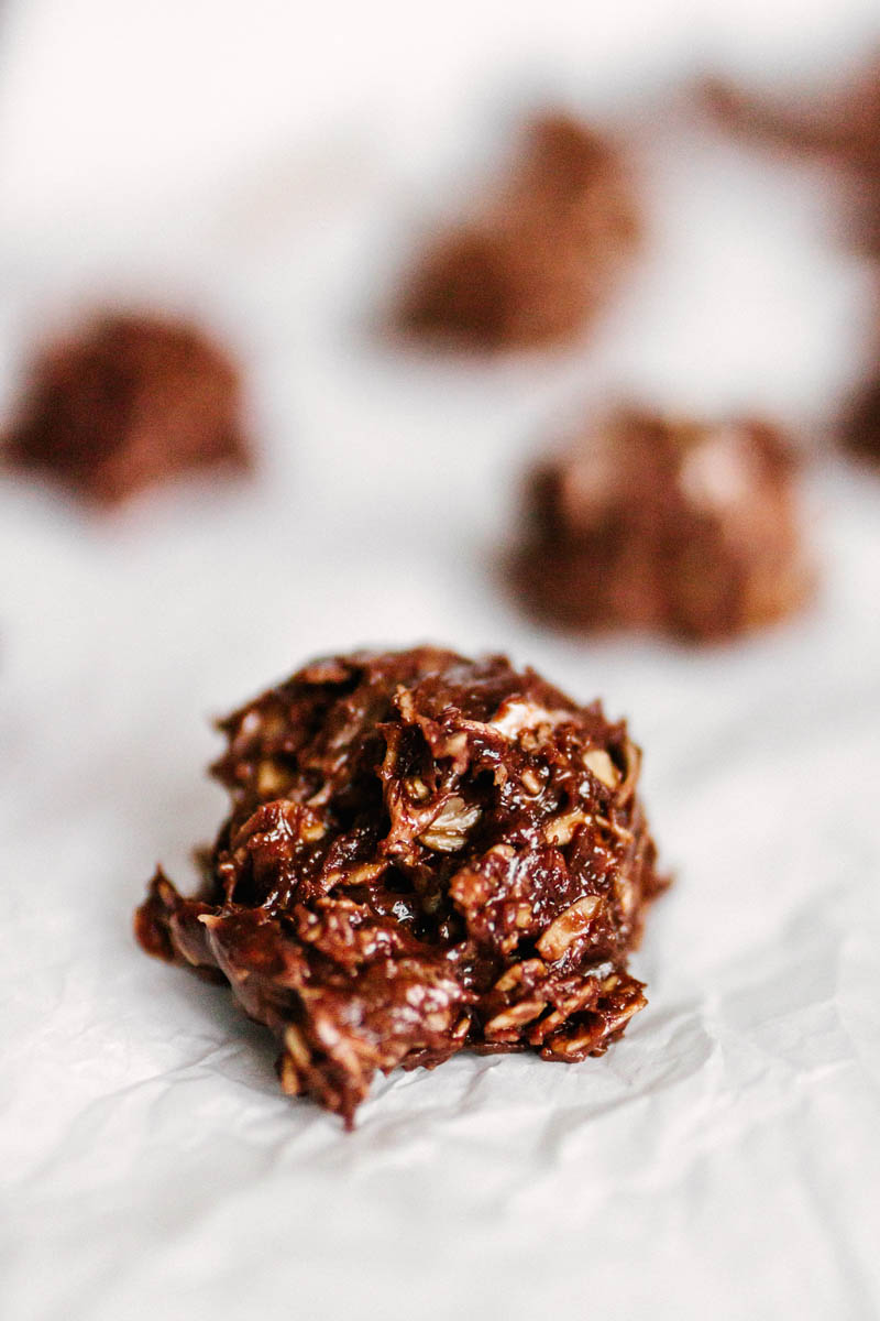 gooey chocolate no bake cookie dropped on parchment paper