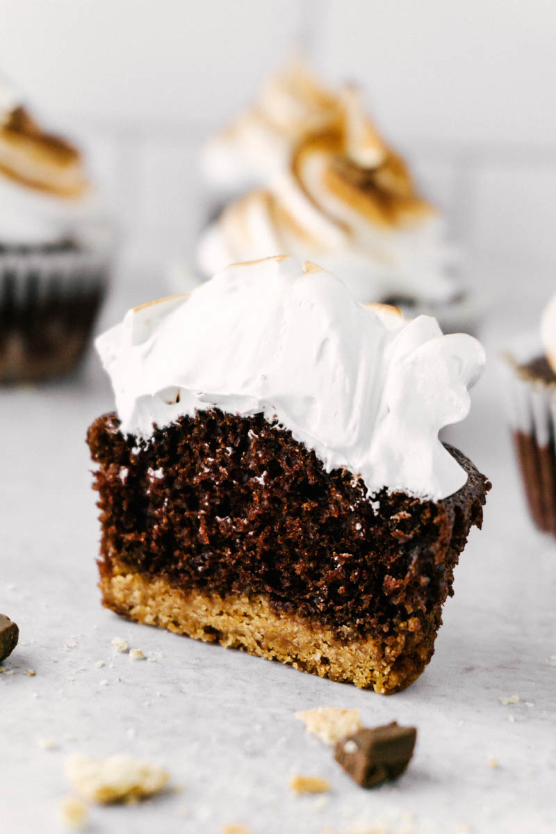 cut open slice of s'mores cupcakes