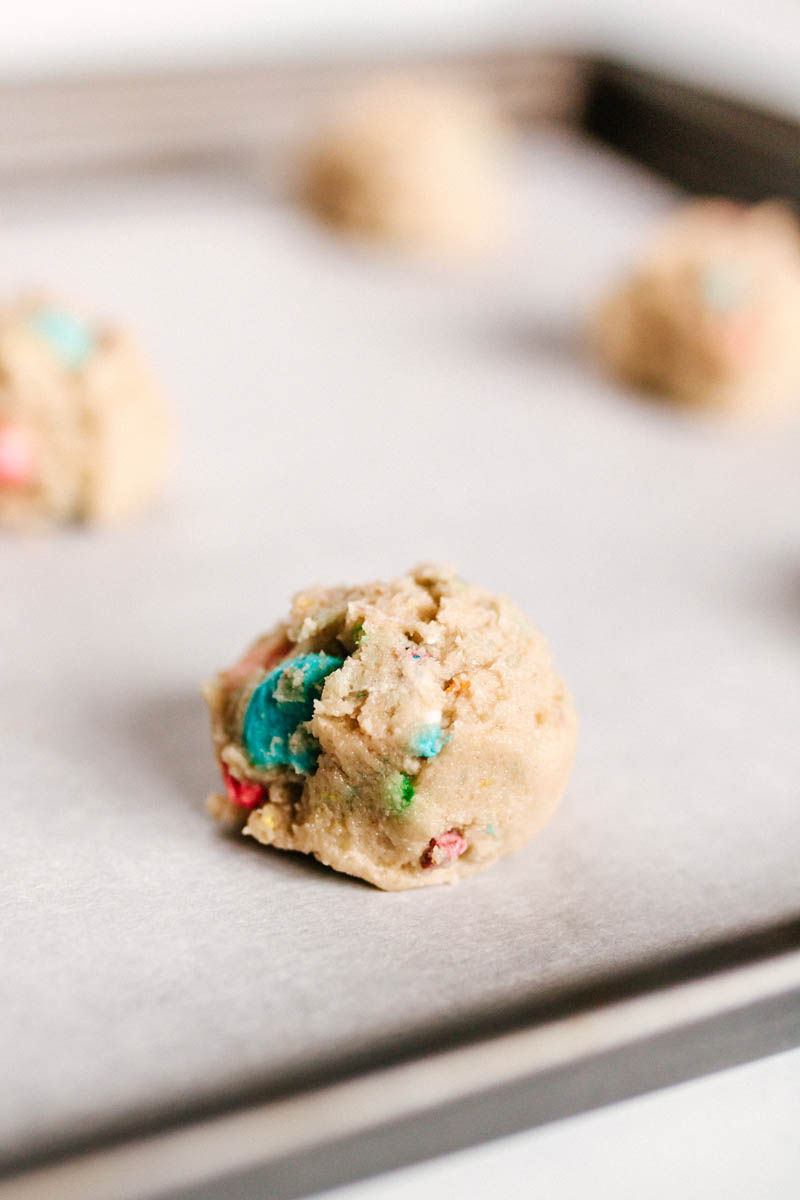 lucky charms cookie dough on a baking sheet