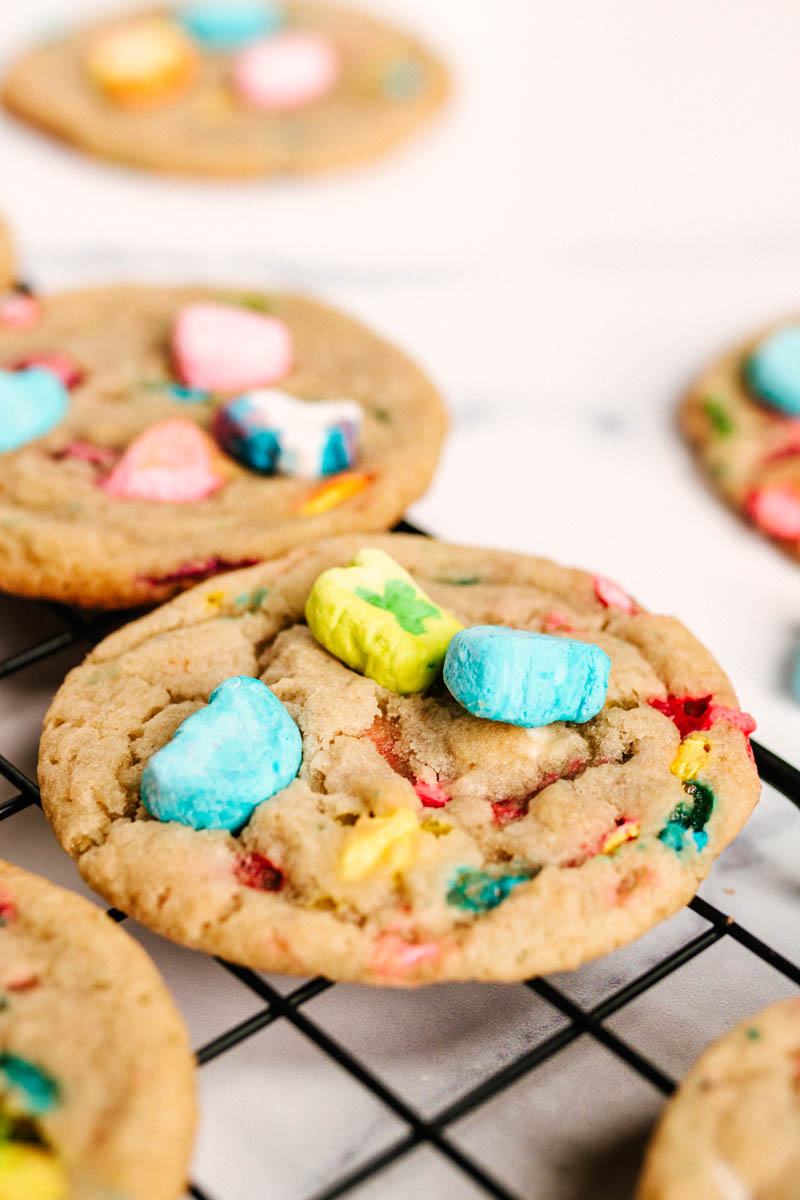 up close of a lucky charms cookie around other cookies