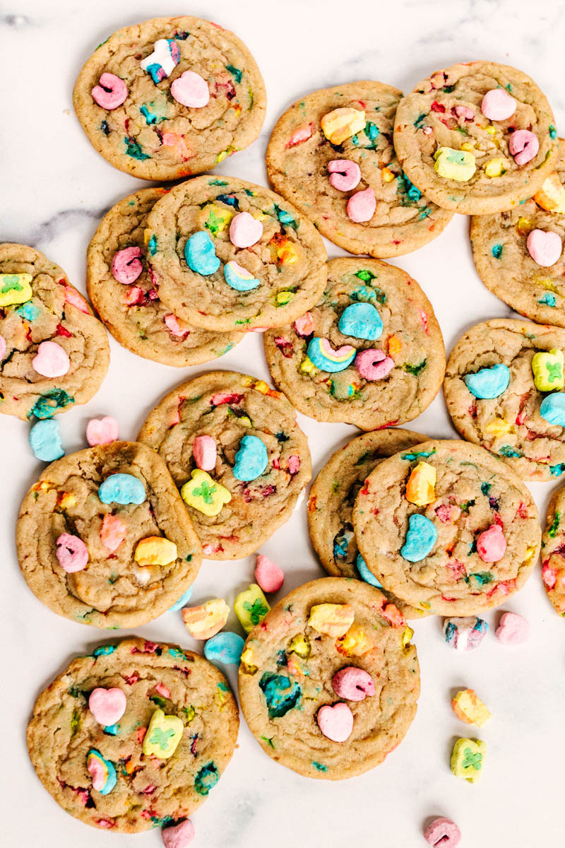 pile of lucky charms cookies with marshmallows spread out