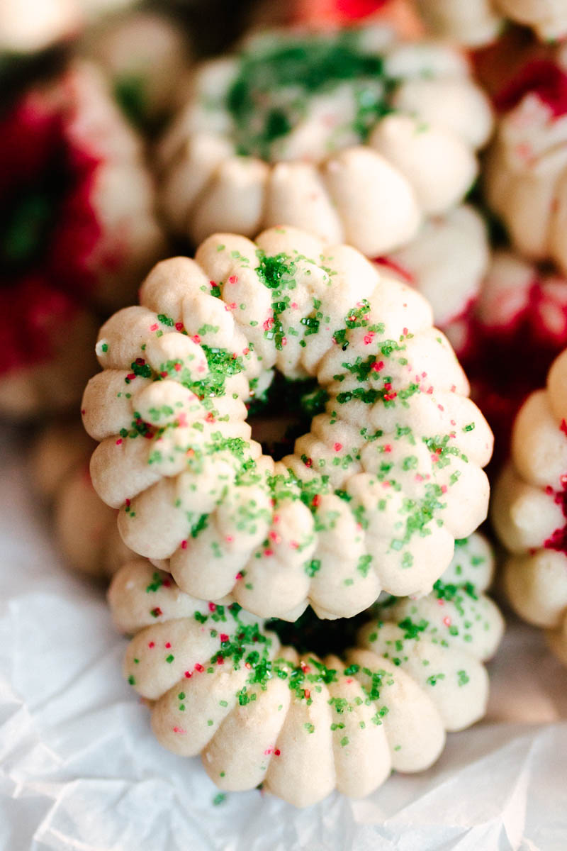 spritz cookies upclose with green sprinkles