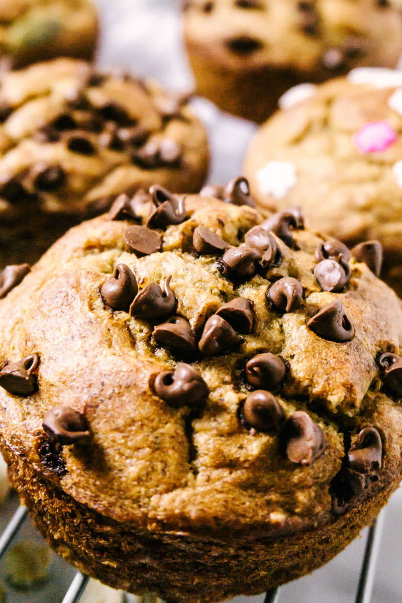 up close of healthy banana muffins with mini chocolate chips