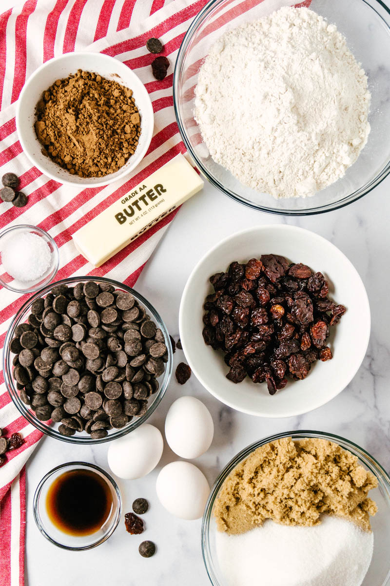 chewy dark chocolate cherry cookies ingredients in bowls