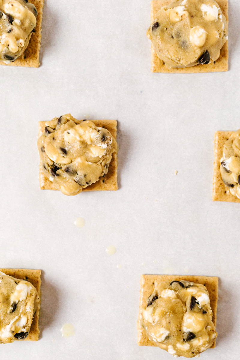 view of cookie dough on graham crackers from above